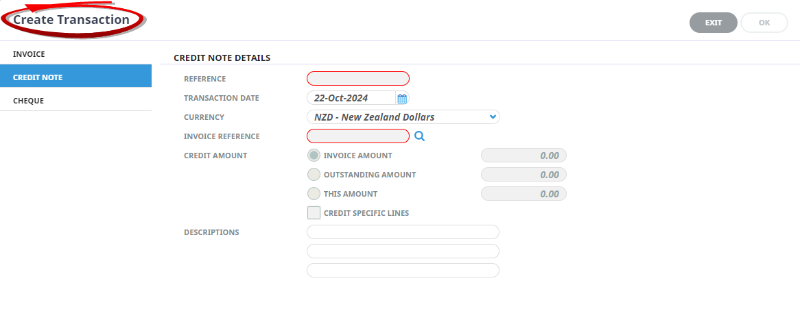 Snote Transactin Creditors Credit Note