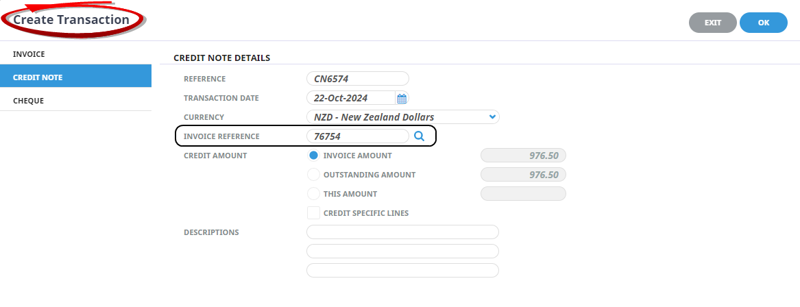 Creditors Credit Note